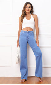 Pantalon ample décontracté à jambes larges, pantalon taille haute en denim droit